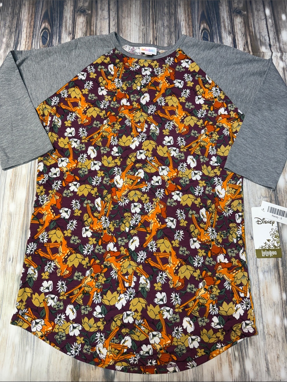 LuLaRoe Burgundy and Gray Bambi Floral Raglan Tee size Small